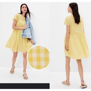 🔴Gap Empire Waist Mini Dress yellow gingham mini dress size‎ XS Petite